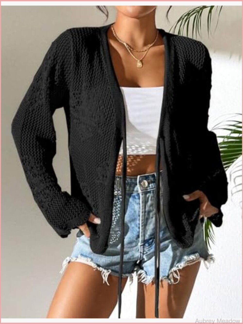 Lightweight Crochet Tie Front Long Sleeve Cardigan Summer Knit Cover Up - Picture 2 of 5